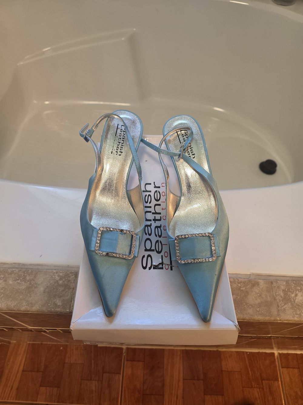 Blue Satin Pointed Slingback Heels with Crystal Buckle